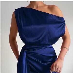 RUNAWAY THE LABEL Blue Asymmetrical Satin Mini with Draped Sash XS